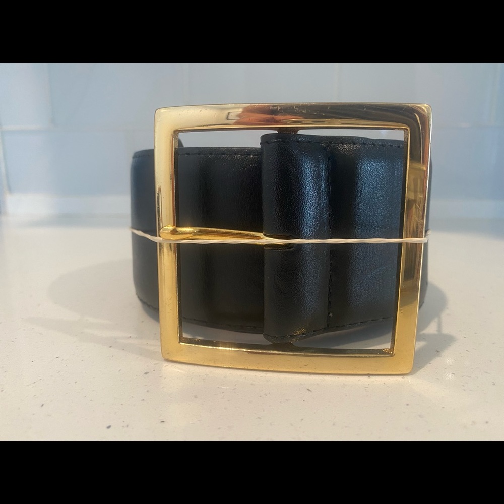 W. Kleinberg America Leather Size L Wide Gold Buckle Suede Lining Blue Belt